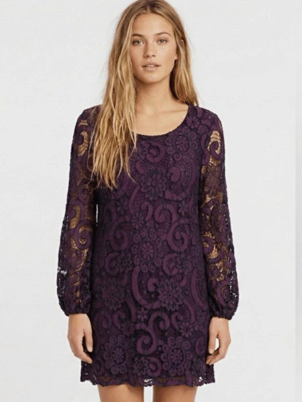 New EVEREVE Sunday in Brooklyn Purple Joy Lace Long-Sleeve Shift Dress (Large)